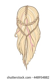 Long hair and braid female boho hairstyle. Vector illustration. 