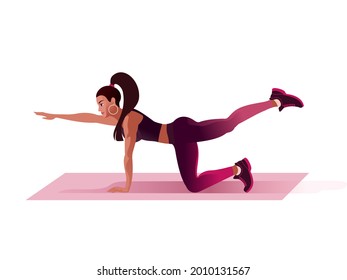 Long hair brunette Girl is yoga pilates in the fitness gym. Isolated Vector illustration for landing page mockup flat design or advertising banner.