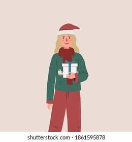 Long hair girl with Christmas gift box. Flat style vector illustration.
