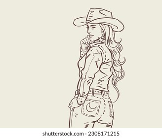 Niña de pelo largo con vectores de vestuario de vestuario de vaquero para tarjeta, decoración, ilustración