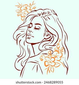 Long hair girl with flowers vector for illustration, card, decoration