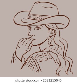 long hair girl in hat posing vector for illustration, card, decoration