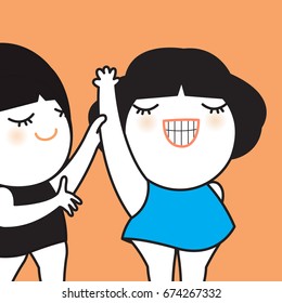 Long Hair Girl Holding Winner Woman in Blue Dress And Smiling Looking At Her Concept Card Character illustration
