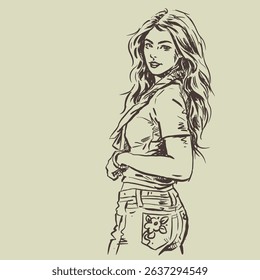 A long hair girl in jeans posing vector for card, decoration, illustration