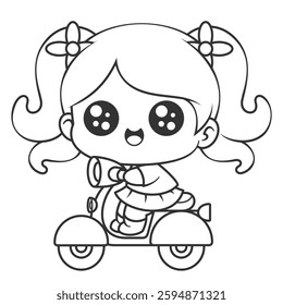 Long hair girl riding scooter, for coloring