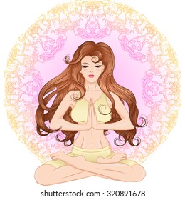 The long hair girl sitting in the lotus position with a mandala background. Vector illustration for a spa, yoga studio, natural medicine clinic.