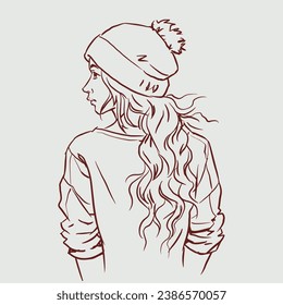 A long hair girl with wool hat vector for card, decoration, illustration