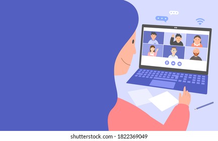 long hair lady having video conference with team on computer screen, Online meeting. space for text.Vector illustration 