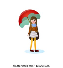 Long hair smiling girl walking under rain