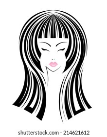 Long hair style icon, logo women face on white background.