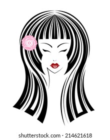 Long hair style icon, logo women face on white background.