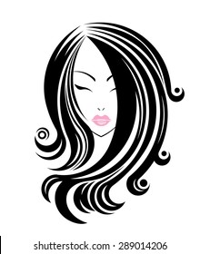 Long Hair Style Icon, Logo Women Face On White Background, Vector