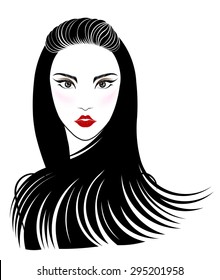 Long hair style icon, logo women face on white background, vector