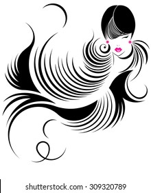 Long hair style icon, logo women face on white background.