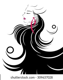 Long hair style icon, logo women face on white background.