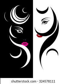 Long hair style icon, logo beautiful women face on white and black background.