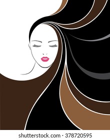 Long hair style icon, logo women face on white background, vector