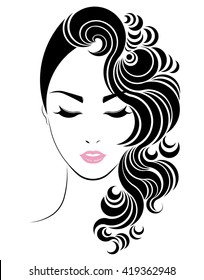 Long hair style icon, logo women face on white background, vector