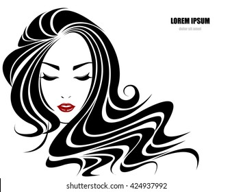 Long hair style icon, logo women face on white background, vector