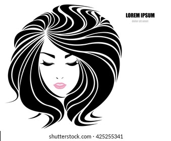 Long hair style icon, logo women face on white background, vector