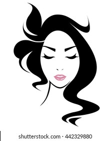 long hair style icon, logo women face on white background, vector
