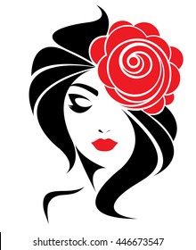 long hair style icon, logo women face on white background, vector