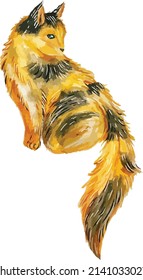 Long hair tortoiseshell cat watercolor painting illustration