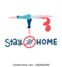 Long hair woman doing yoga exercise. stay home lettering calligraphy quote. Typography poster about home training. keep balance. Don't panic. Flat vector illustration.