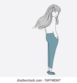 Long hair woman to go shopping without carrying a bag. She felt alone alone on vacation