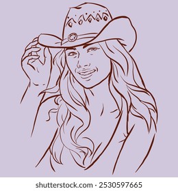 Long hair woman in hat vector for illustration, card, decoration