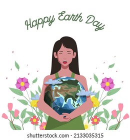 long hair woman holding and hugging earth globe planet with flower bloom background for happy earth or environmental day