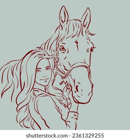 A long hair woman and horse vector for card, decoration, illustration