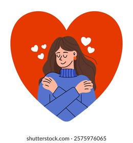 A long hair woman hugging herself symbolizes self-love and self-care.