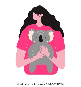 Long hair woman hugs koala. Rescue animals from fires in Australia. Concept art of saving life of koalas and all Australian animals, ecology problems print design