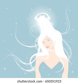 Long hair woman and jellyfish on her head.