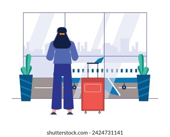 Long hair woman is looking at the airport window while waiting for the plane with her suitcase. Character design. Vector flat illustration