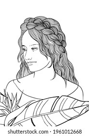 Long hair woman portrait coloring page surround with bird of paradise. 