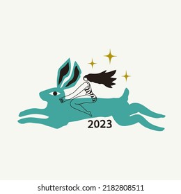 Long hair woman ride on rabbit. Vector celebration illustration of Chinese New Year 2023 symbol. Typography poster with black line art girl and yellow stars. Magic greeting card template apparel print