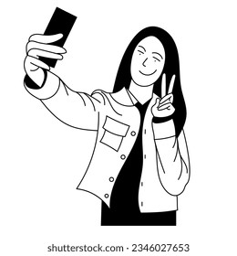 LONG HAIR WOMAN TAKES SELFIE
BLACK AND WHITE VECTOR DESIGN
