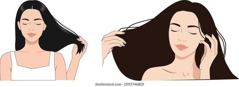 Long Hair Woman Vector. Beautiful girl touches flowing hair. Hair beauty, health, style