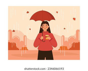 Long hair woman walking in the rain using an umbrella in thick red clothes holding a hot drink, an autumn nature city park. Character design. Vector flat illustration