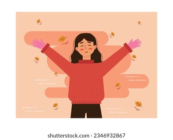 Long hair woman wearing thick sweater is smiling and spreading arms happily outdoors. Autumn season with winds and falling leaves. Character designs. Vector flat illustration