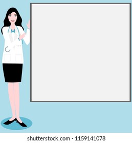 Long hair woman wearing white shirt with headset standing beside publicity label, vector image