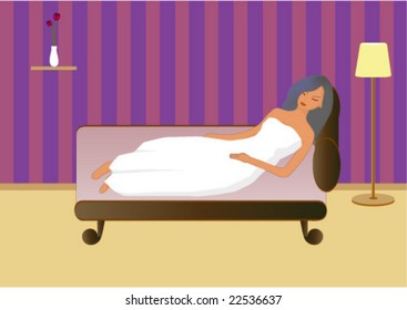 a long hair woman in white dress sleeping on a couch