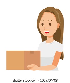 A long hair young woman has a box