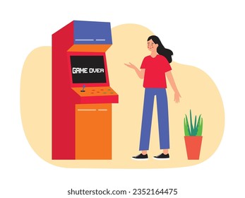 Long hair young woman in red t-shirt standing in front of machine, losing in arcade game. Character design. Vector flat illustration.