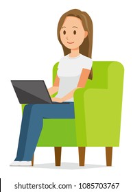 A long hair young woman is sitting on a sofa and operating a laptop computer