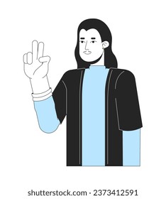 Long haired adult asian man victory sign 2D linear cartoon character. Pencil moustache korean guy taking selfie isolated line vector person white background. Mood fun color flat spot illustration