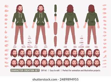 Long haired bearded handsome man in hoodie casual outfit DIY character creation set, male adult body figure parts. Head, leg, hand gestures, different emotions, construction kit. Vector illustration