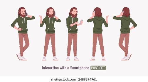 Smartphone de hombre guapo barbudo de pelo largo usando pose set, lindo conjunto casual con capucha, zapatillas blancas, jeans para salir de fin de semana, reunión informal, cómodo día estilo relajado. Ilustración vectorial